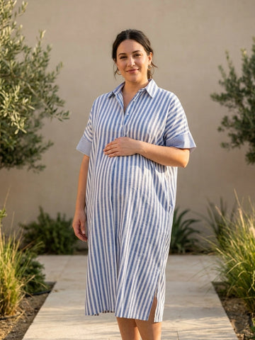 Blue stripe linen oversize dress