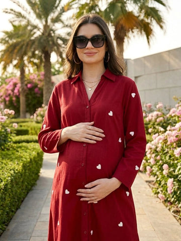Maroon printed shirt dress