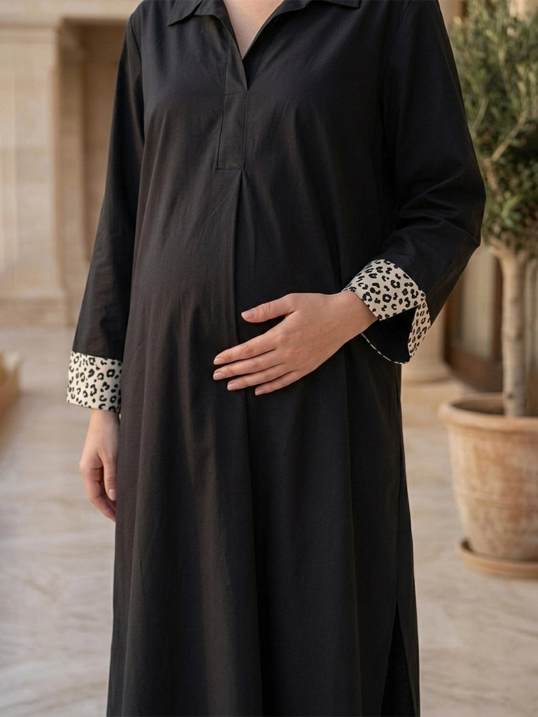 Solid Polplin Dress with printed cuff detailing in sleeve