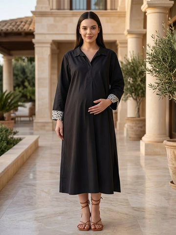 Solid Polplin Dress with printed cuff detailing in sleeve