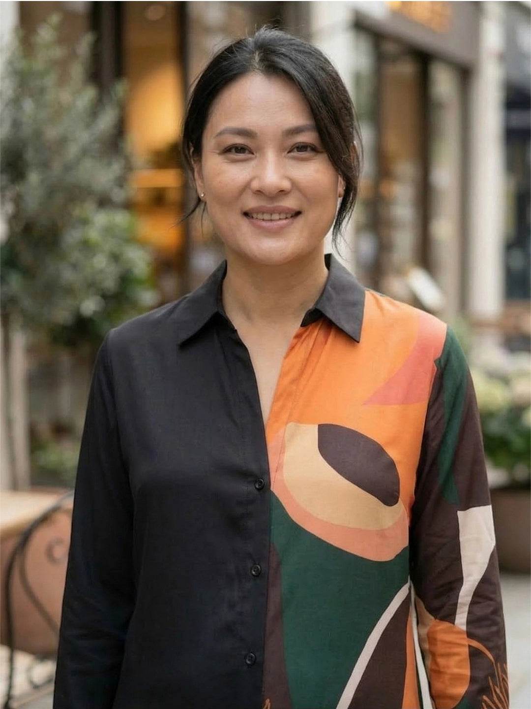 Abstract print color block shirt dress