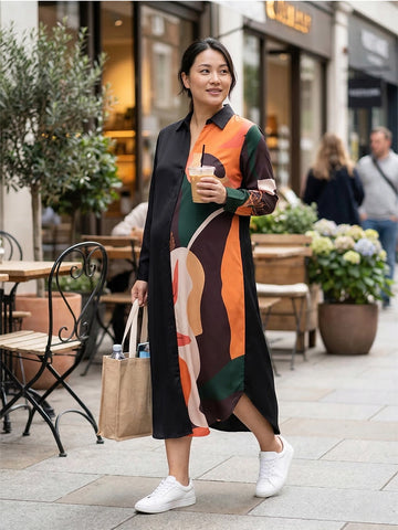 Abstract print color block shirt dress