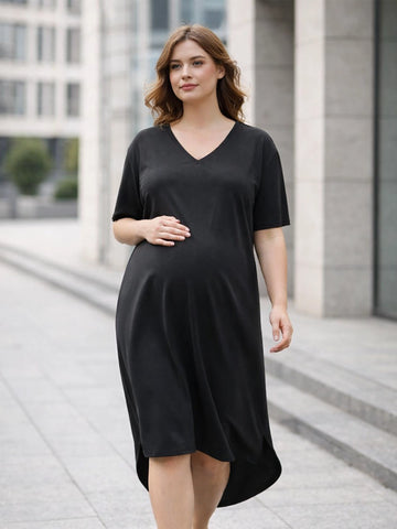 Solid V-neck loose fit dress