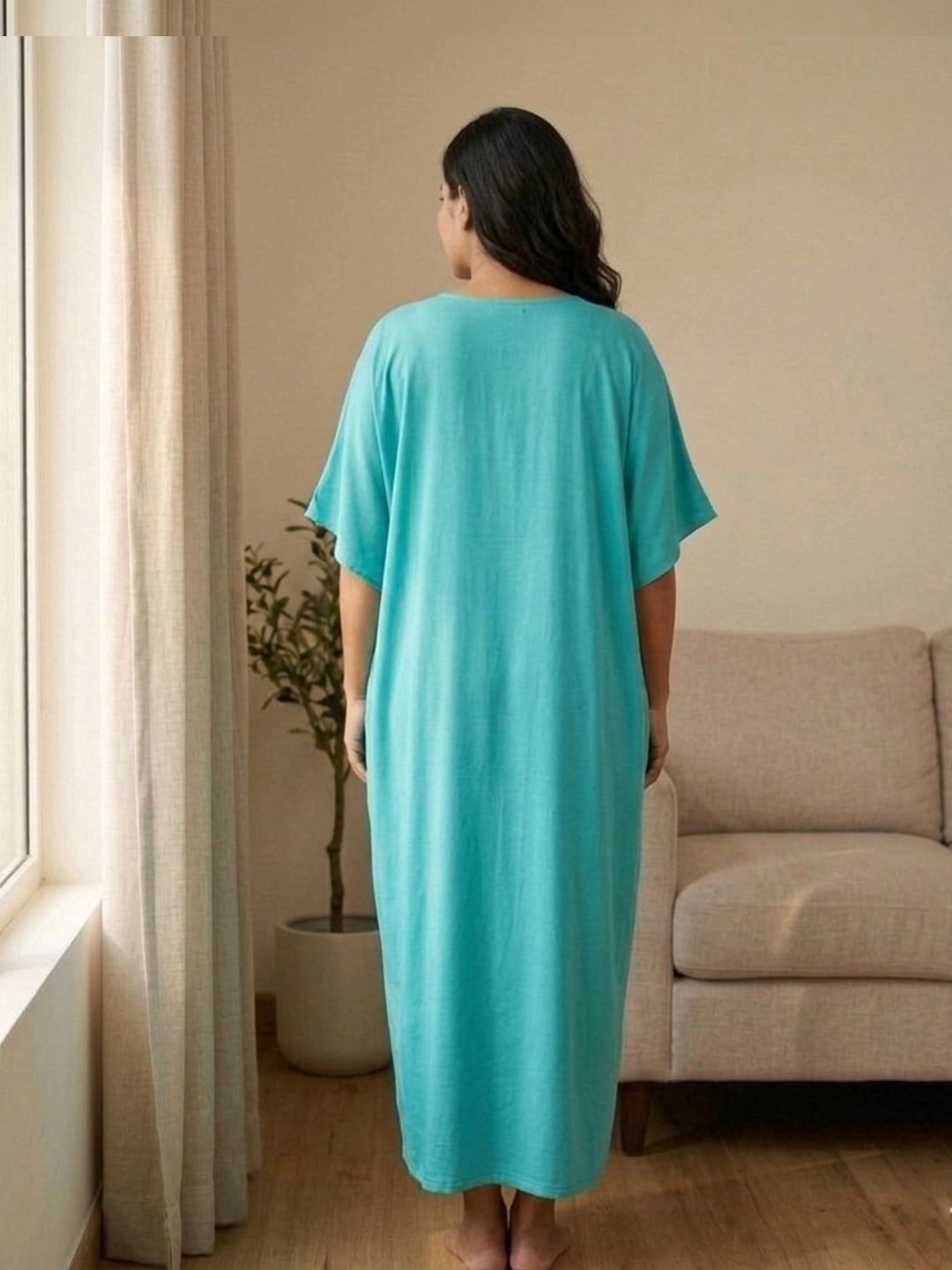 Turquoise rayon yoke kaftan night dress