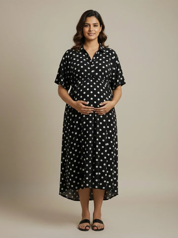 Black polka shirt collar midi dress