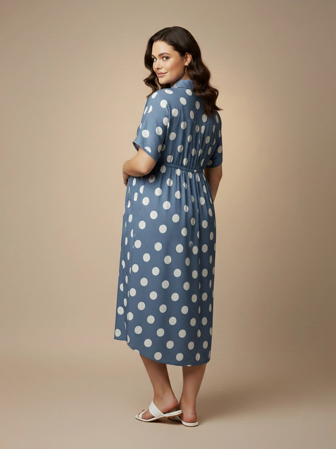 Polka shirt collar midi dress