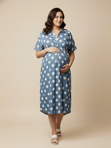 Polka shirt collar midi dress