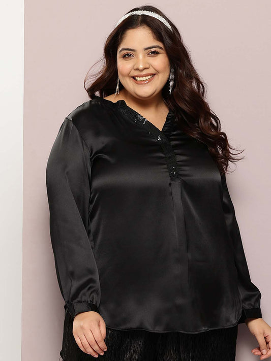 Solid Dark Black Loose Fit V Neck Full Puff Sleeve Satin Top