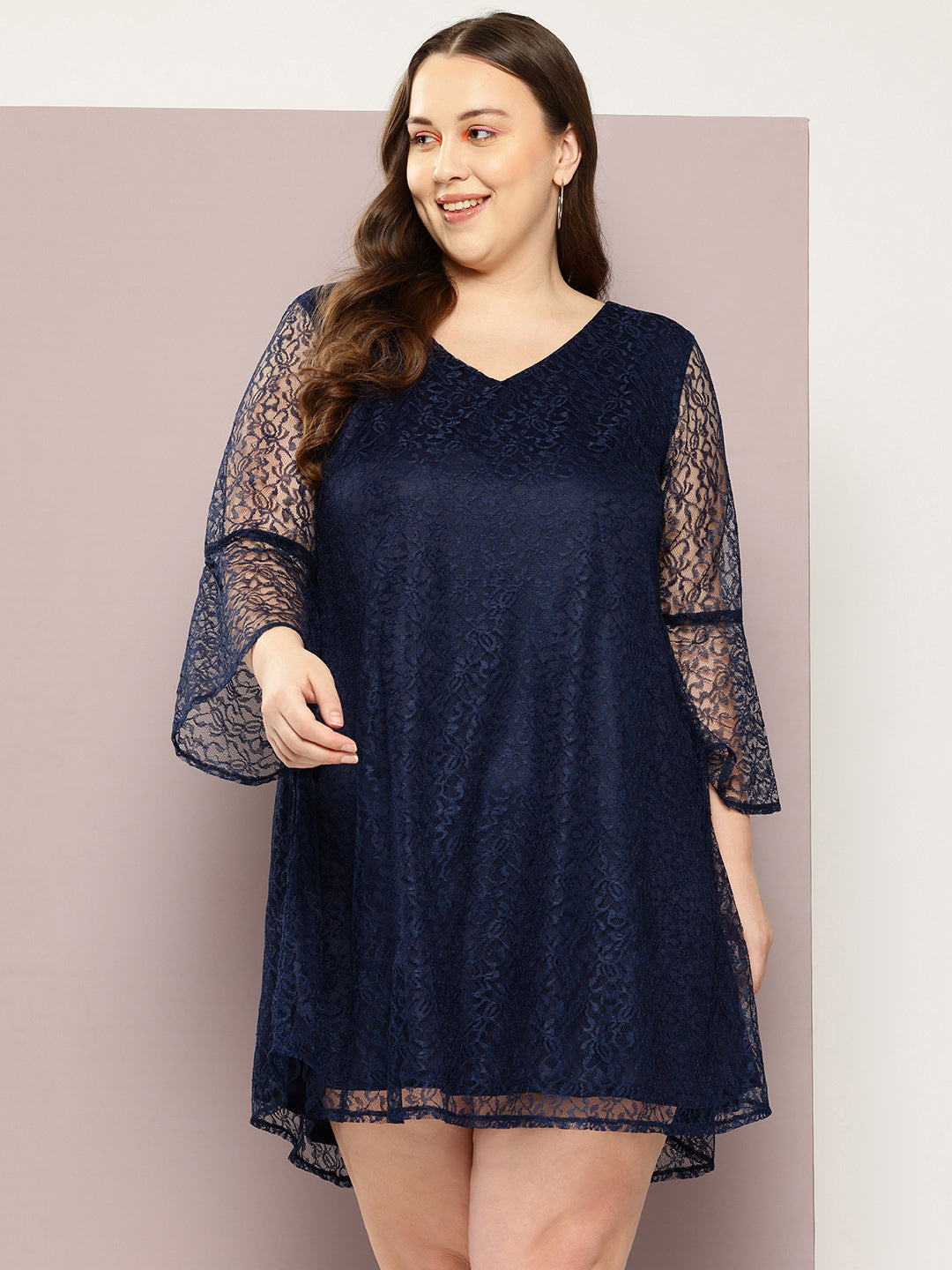 Net Dark Navy Regular Fit V Neck Three Quarter Bell Sleeve Net Dress