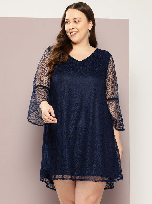 Net Dark Navy Regular Fit V Neck Three Quarter Bell Sleeve Net Dress