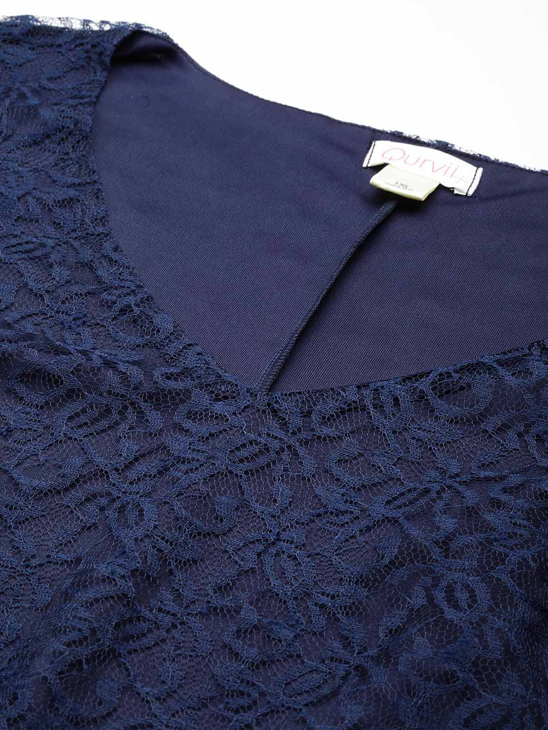 Net Dark Navy Regular Fit V Neck Three Quarter Bell Sleeve Net Dress