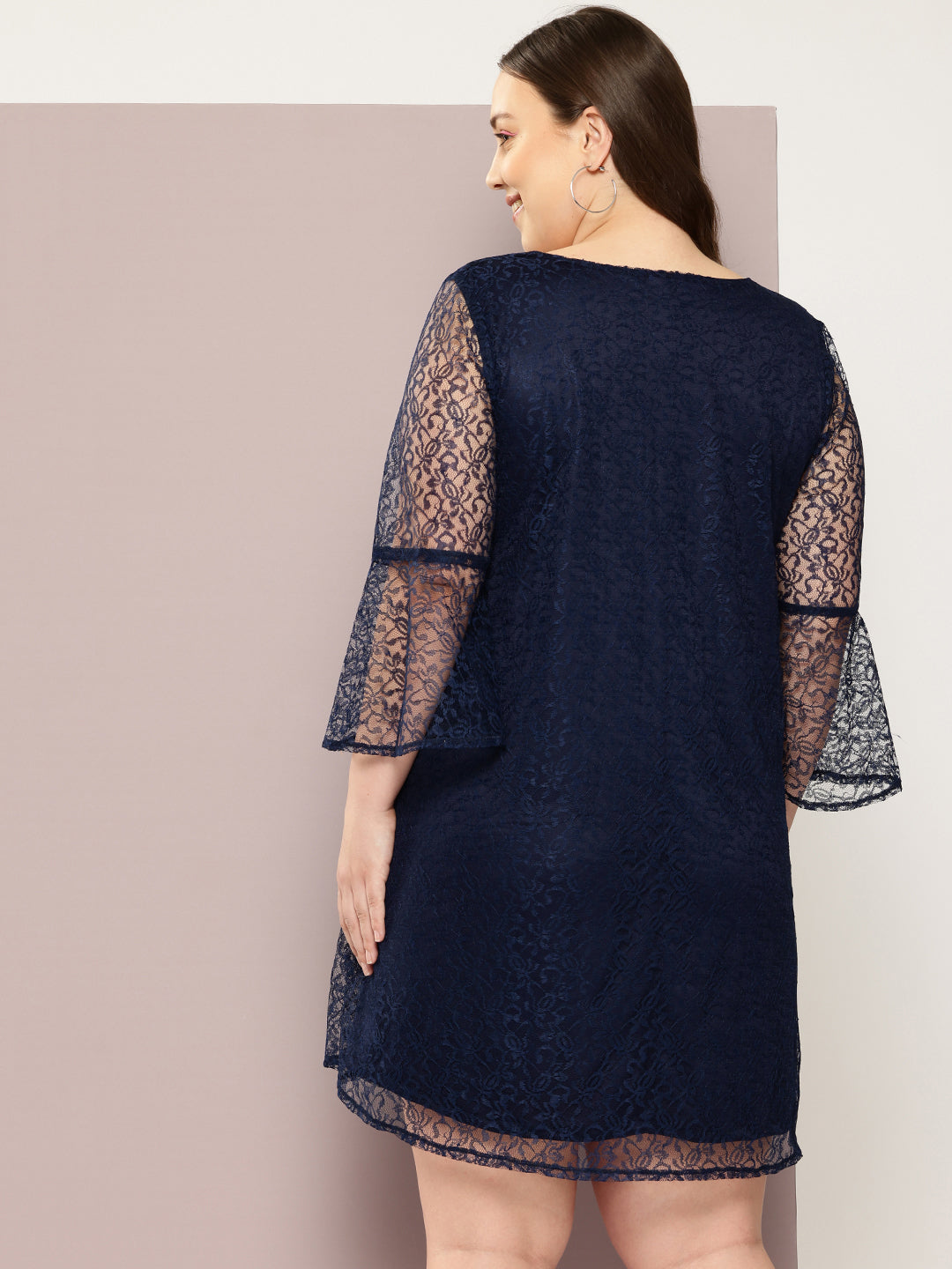 Net Dark Navy Regular Fit V Neck Three Quarter Bell Sleeve Net Dress