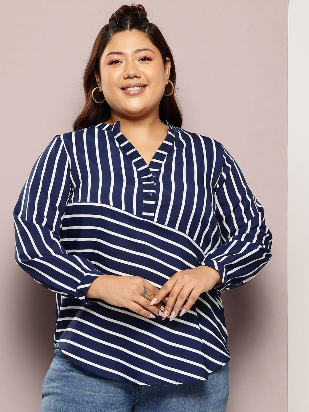 Stripe Dark Navy Regular Fit Mandarin Collar Three Quarter Cuff Sleeve Crepe Top