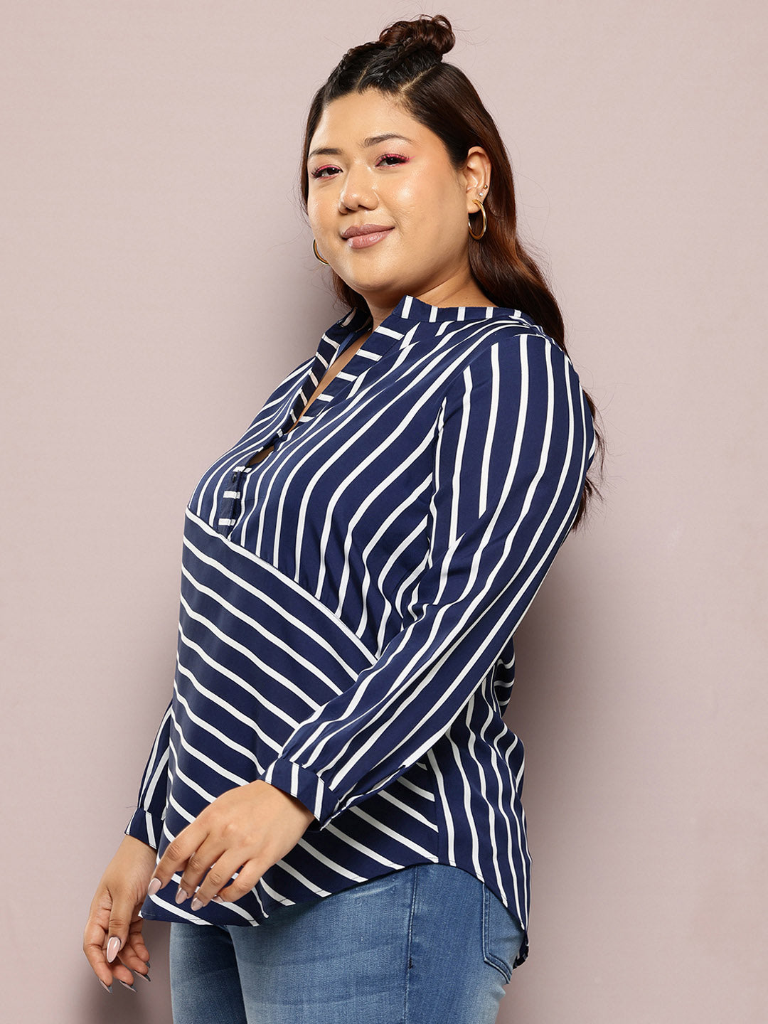 Stripe Dark Navy Regular Fit Mandarin Collar Three Quarter Cuff Sleeve Crepe Top