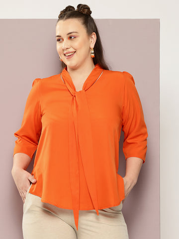 Solid Bright Orange Regular Fit V Neck Three Quarter  Crepe Top