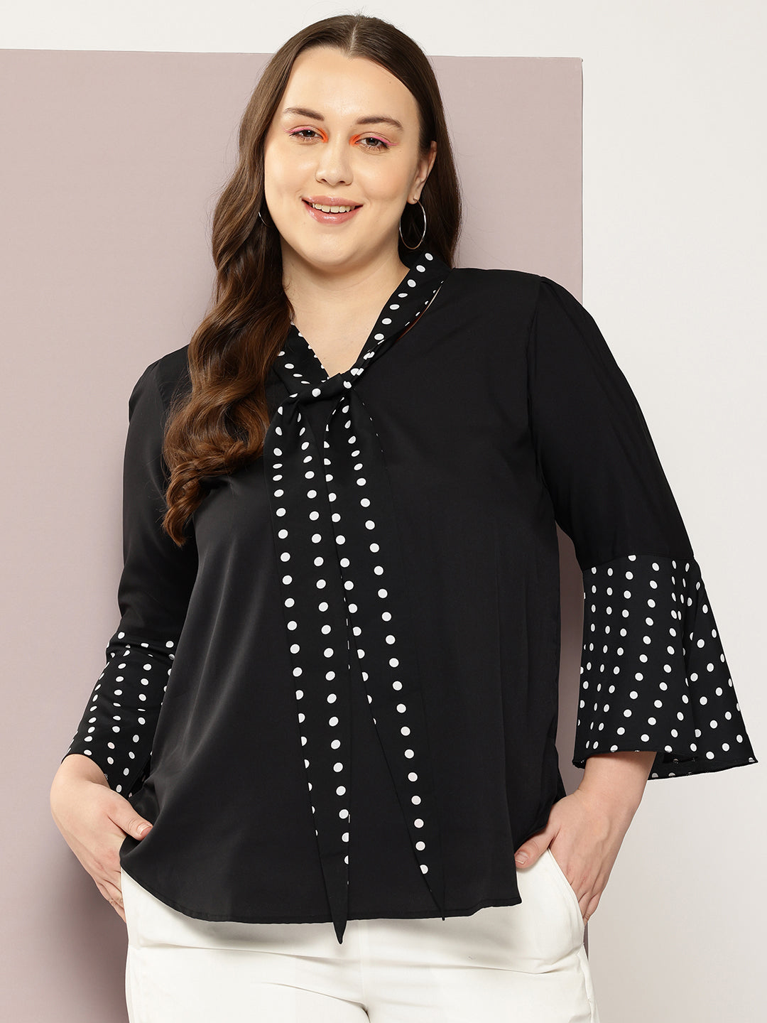 Polka Dark Black Regular Fit V Neck Three Quarter Bell Sleeve Crepe Top