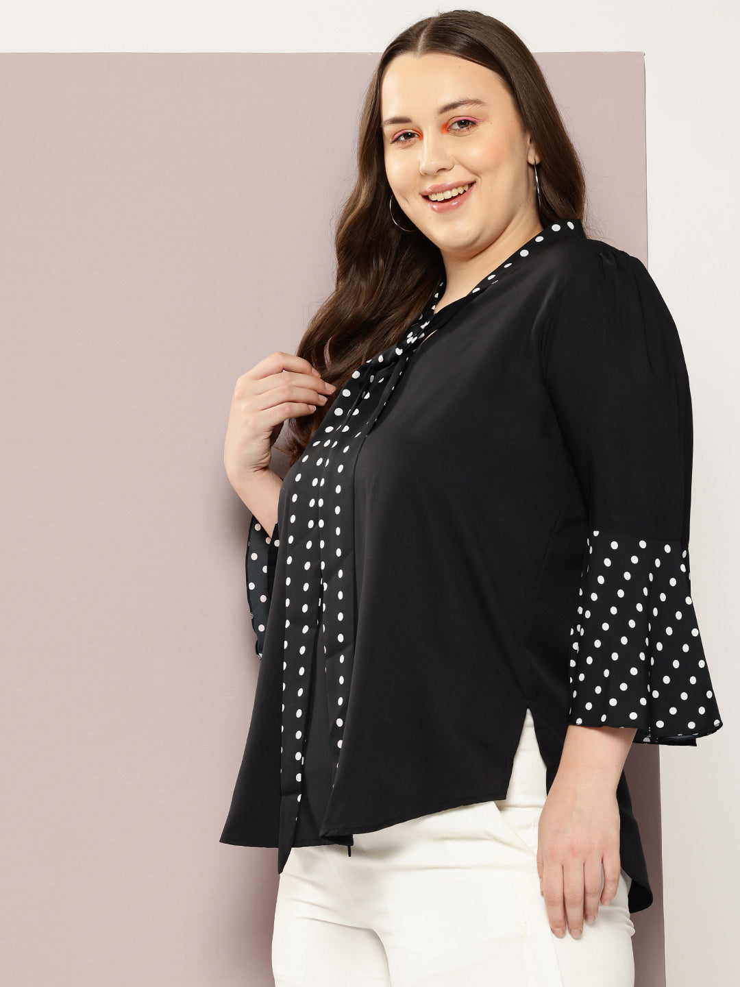 Polka Dark Black Regular Fit V Neck Three Quarter Bell Sleeve Crepe Top