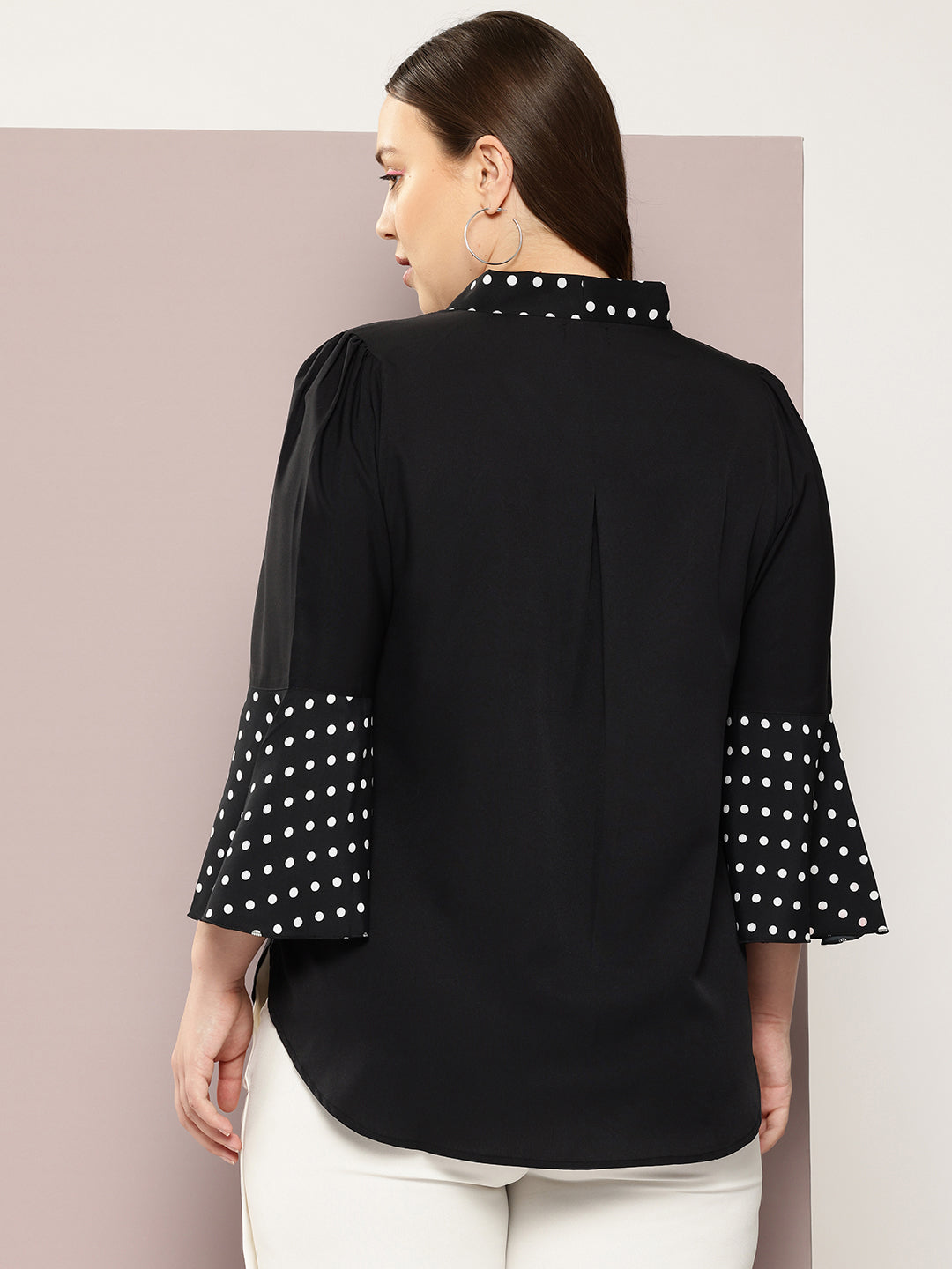 Polka Dark Black Regular Fit V Neck Three Quarter Bell Sleeve Crepe Top