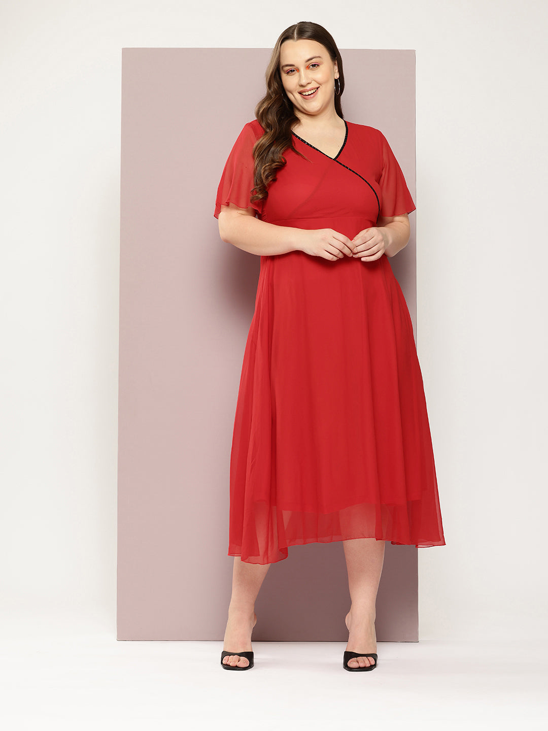 Solid Bright Red Slim Fit V Neck Short Bell Sleeve Georgette Dress