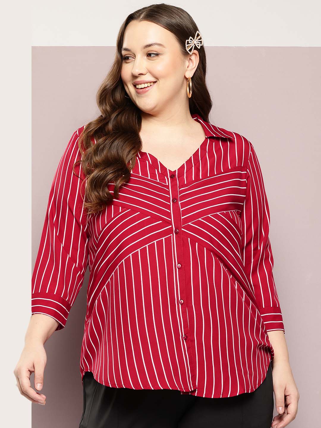 Stripe Dark Maroon Regular Fit V Neck Three Quarter Cuff Sleeve Crepe Top