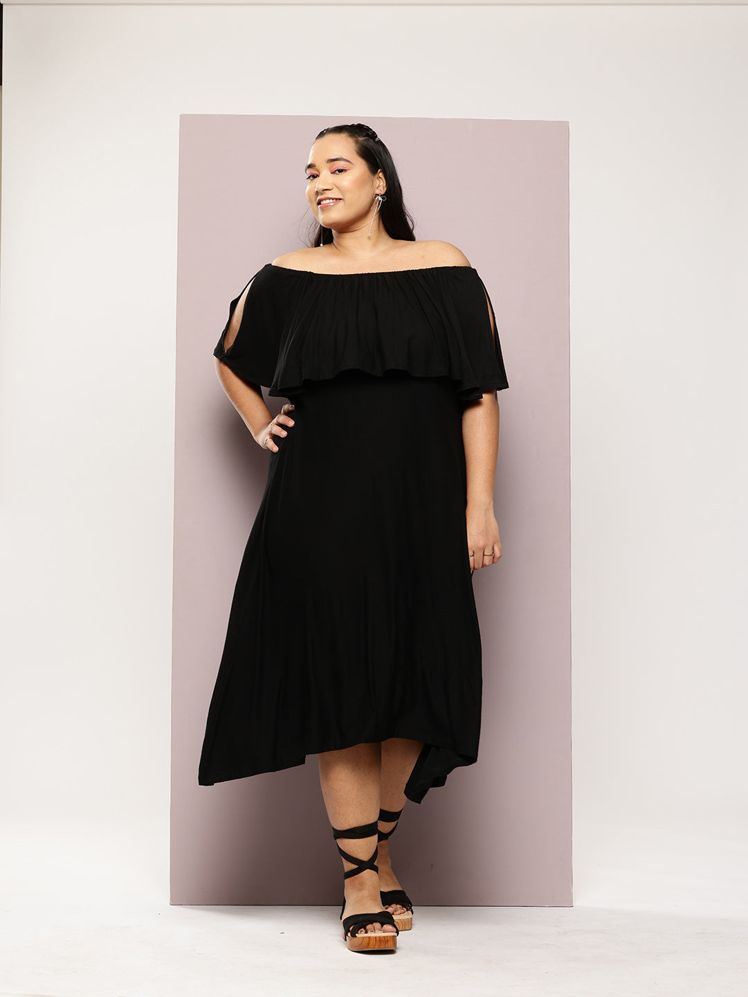 Solid Dark Black Regular Fit Off Shoulder Elbow Length  Jersey Dress