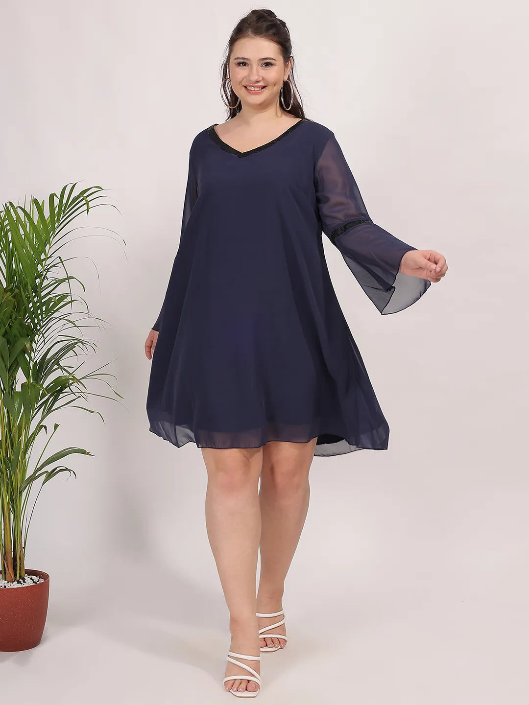 Solid Dark Navy Regular Fit V Neck Three Quarter Bell Sleeve Georgette Dress