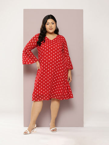 Polka Dark Red Regular Fit V Neck Three Quarter  Georgette Dress