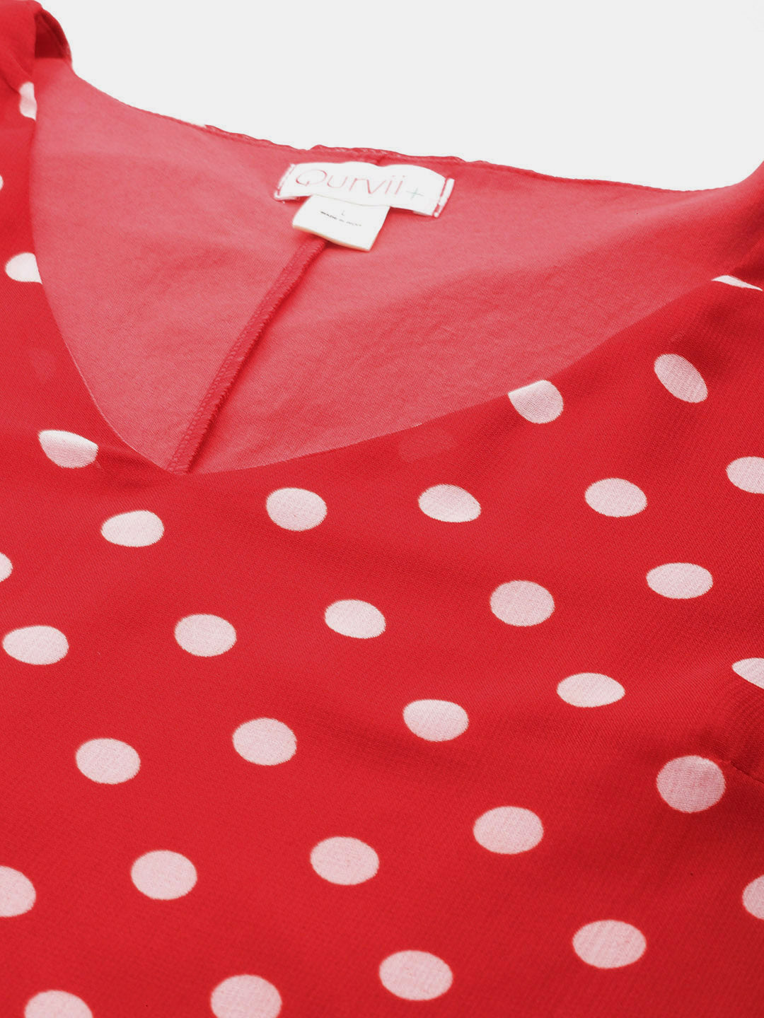 Polka Dark Red Regular Fit V Neck Three Quarter  Georgette Dress