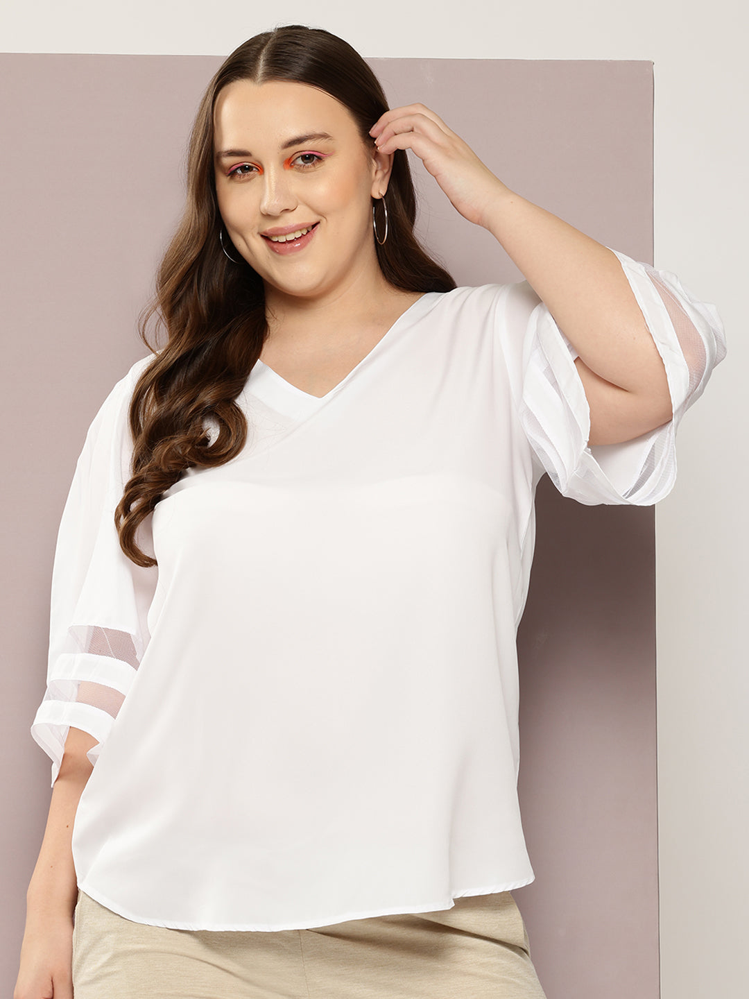 Solid Light White Regular Fit V Neck Three Quarter Bell Sleeve Crepe Top