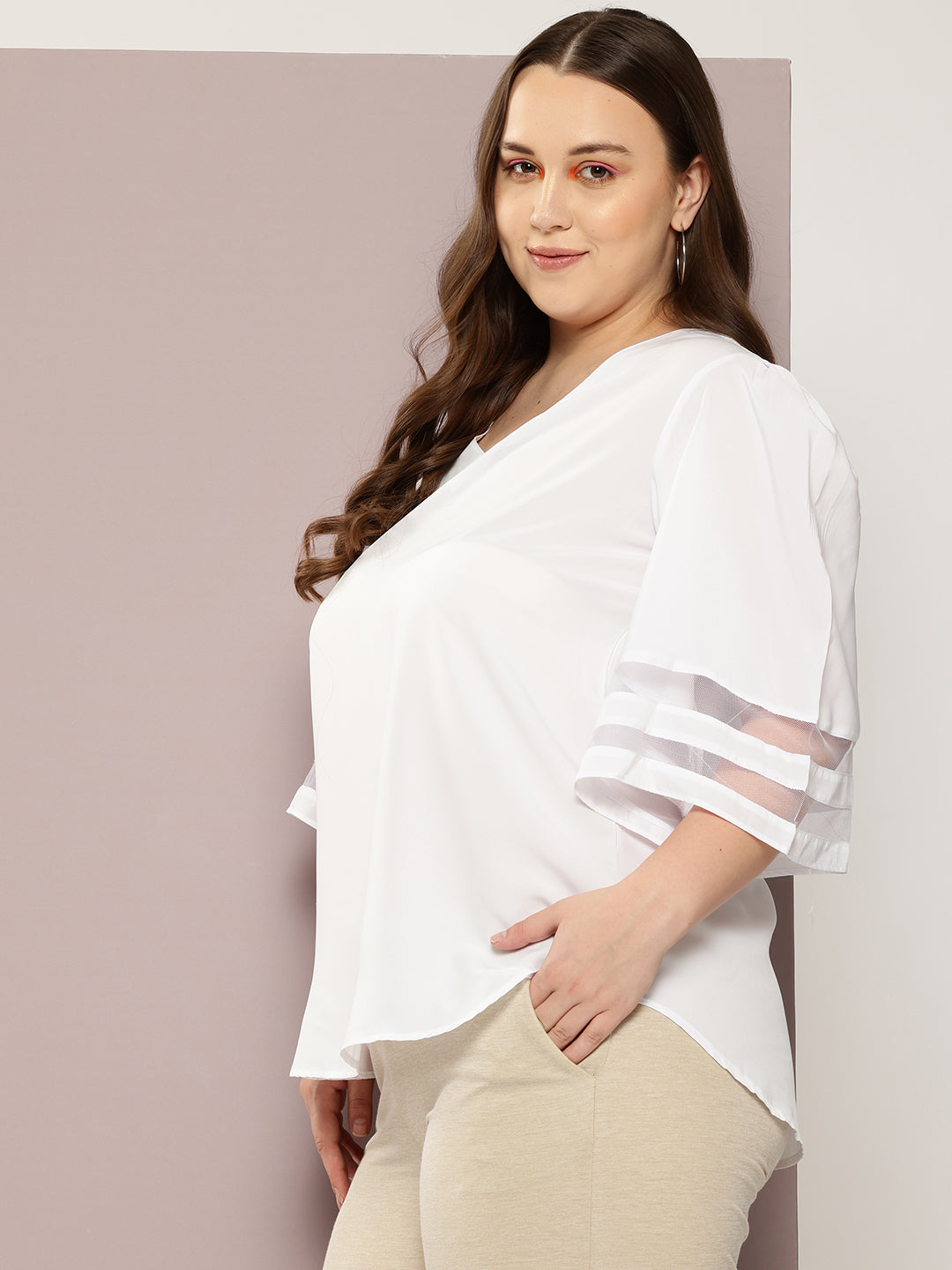 Solid Light White Regular Fit V Neck Three Quarter Bell Sleeve Crepe Top