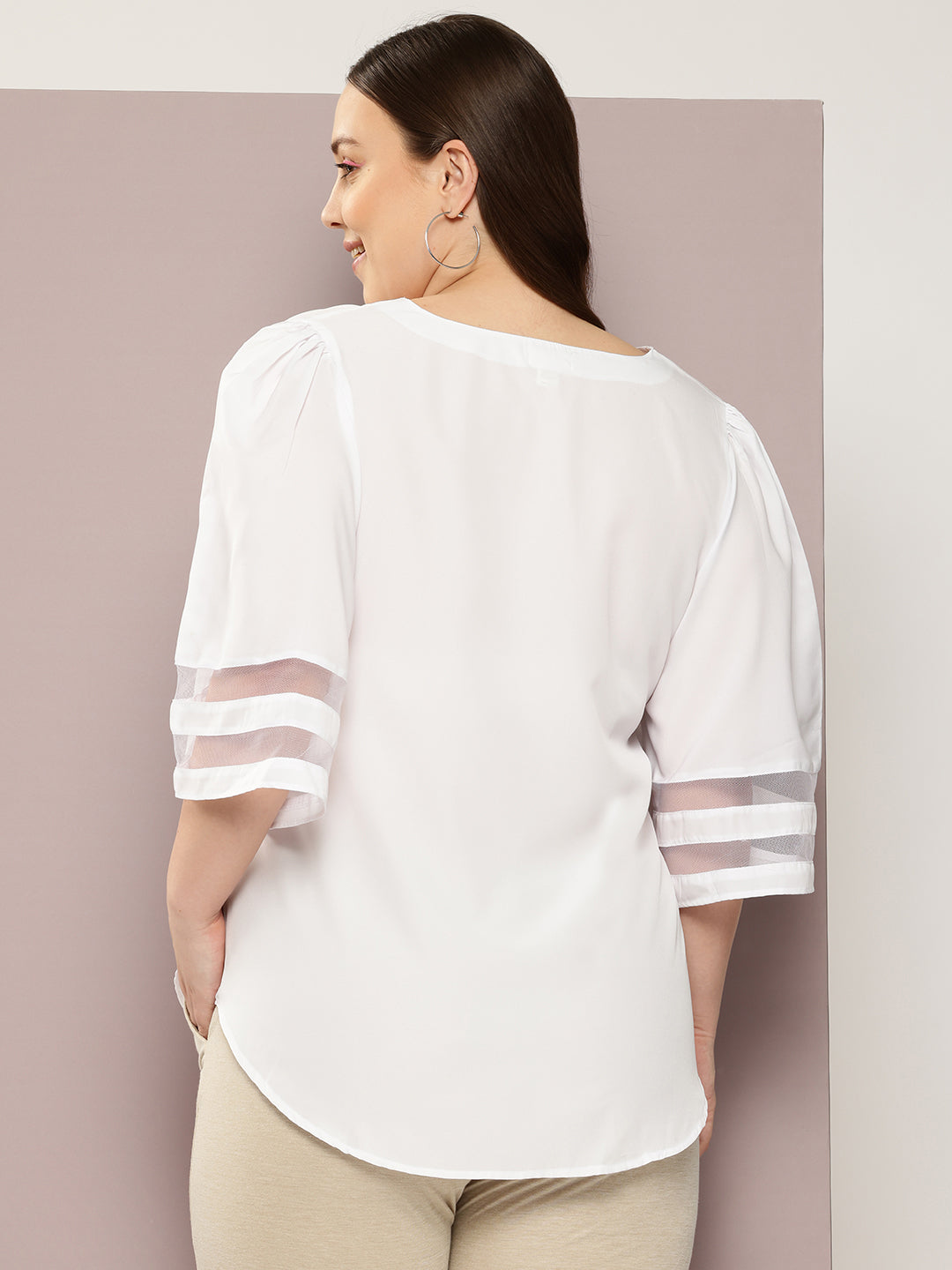 Solid Light White Regular Fit V Neck Three Quarter Bell Sleeve Crepe Top