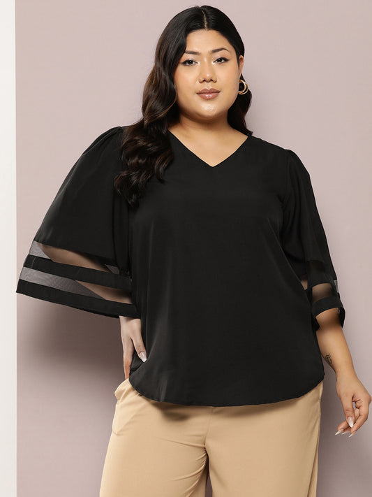 Solid Dark Black Relaxed Fit V Neck Three Quarter Bell Sleeve Crepe Top