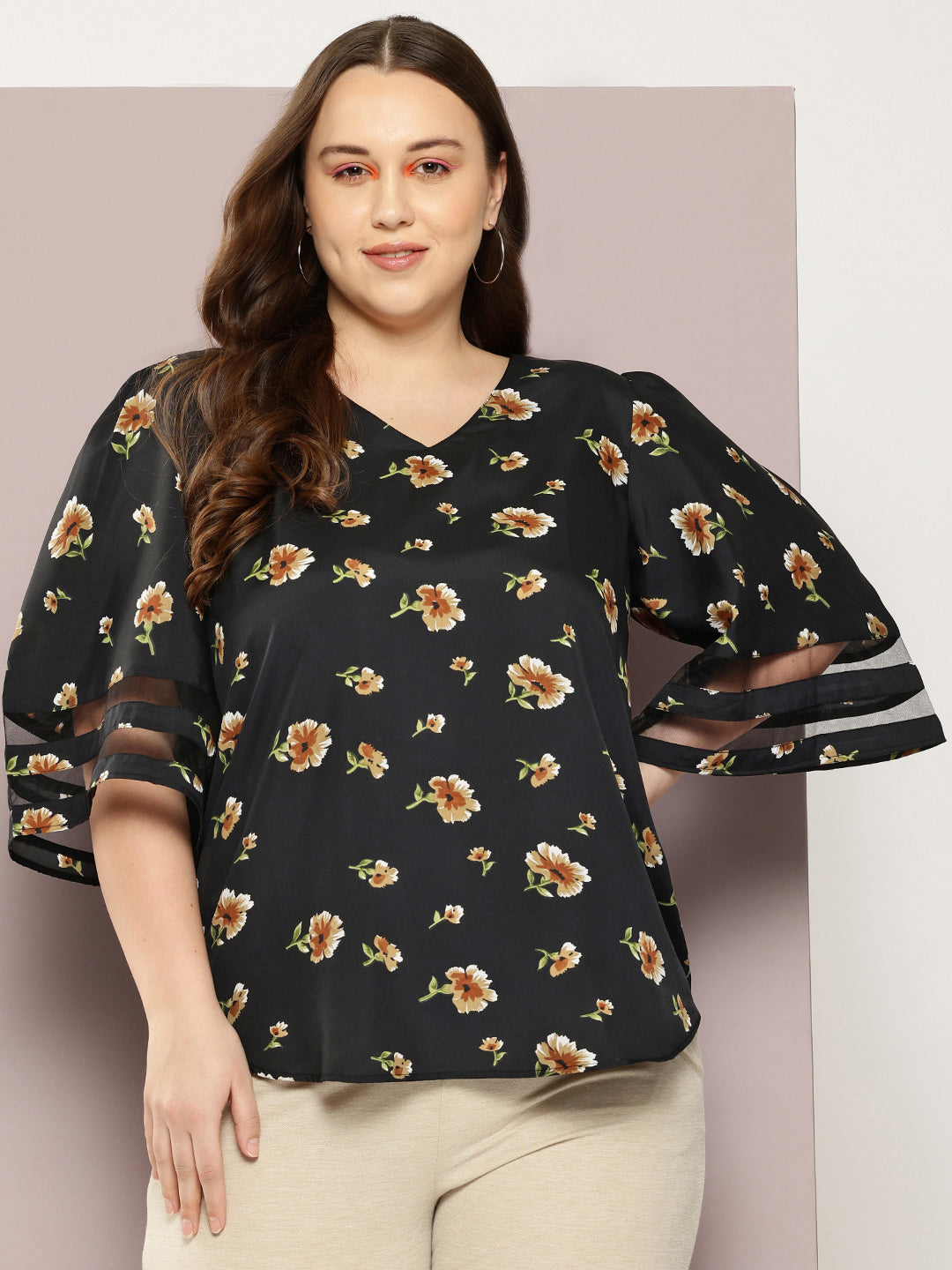 Floral Dark Black Regular Fit V Neck Three Quarter Bell Sleeve Crepe Top