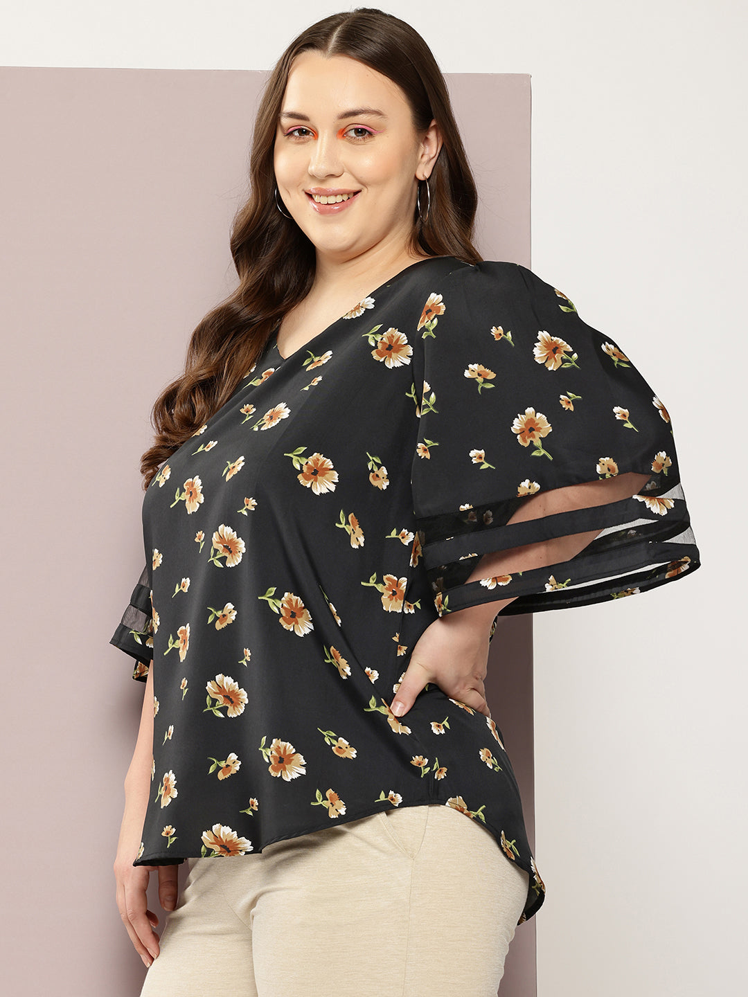 Floral Dark Black Regular Fit V Neck Three Quarter Bell Sleeve Crepe Top