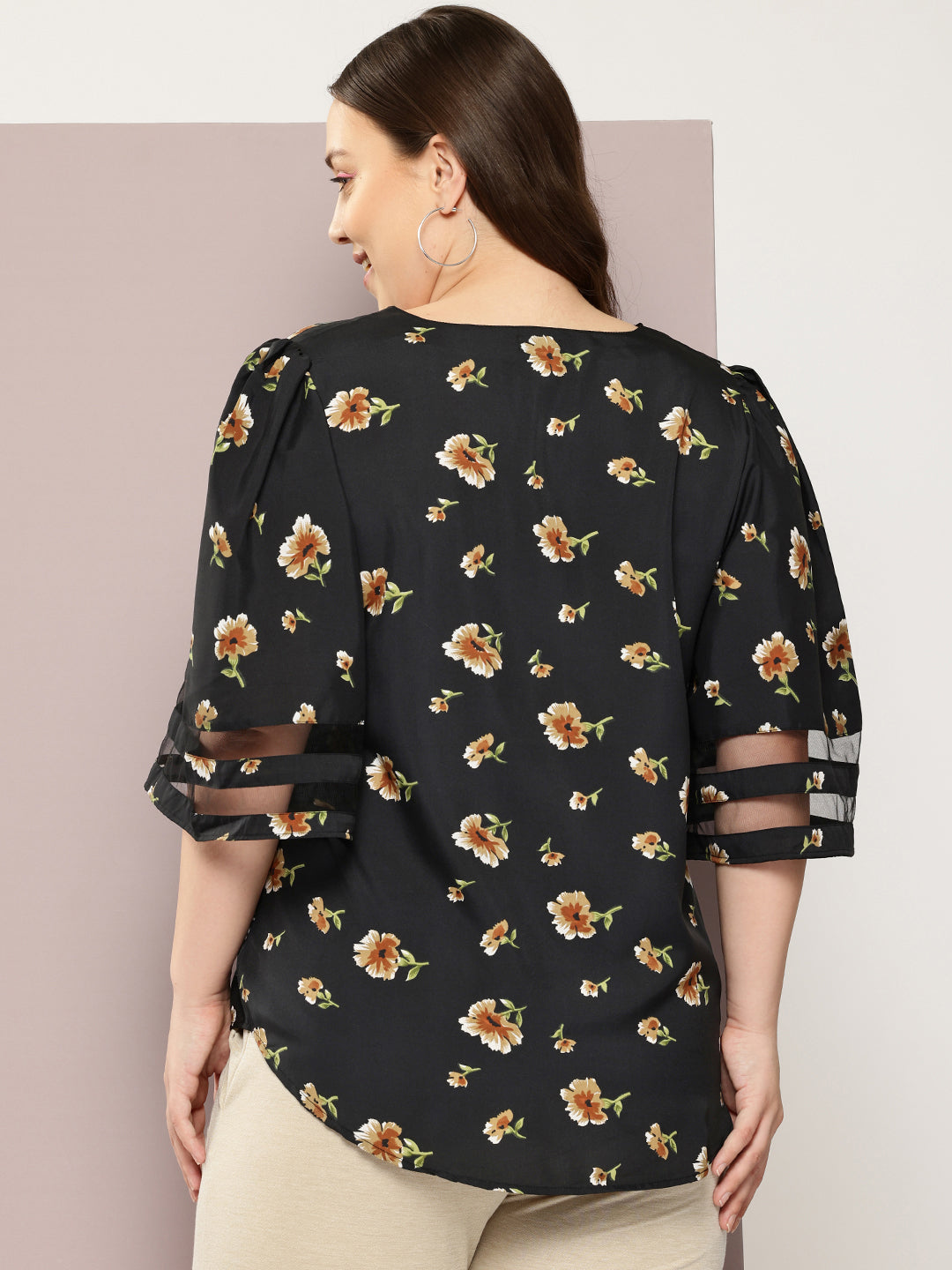 Floral Dark Black Regular Fit V Neck Three Quarter Bell Sleeve Crepe Top