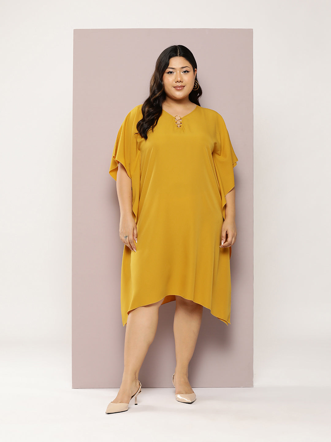 Qurvii Mustard Yellow Keyhole Neck Crepe A-Line Dress - Qurvii India