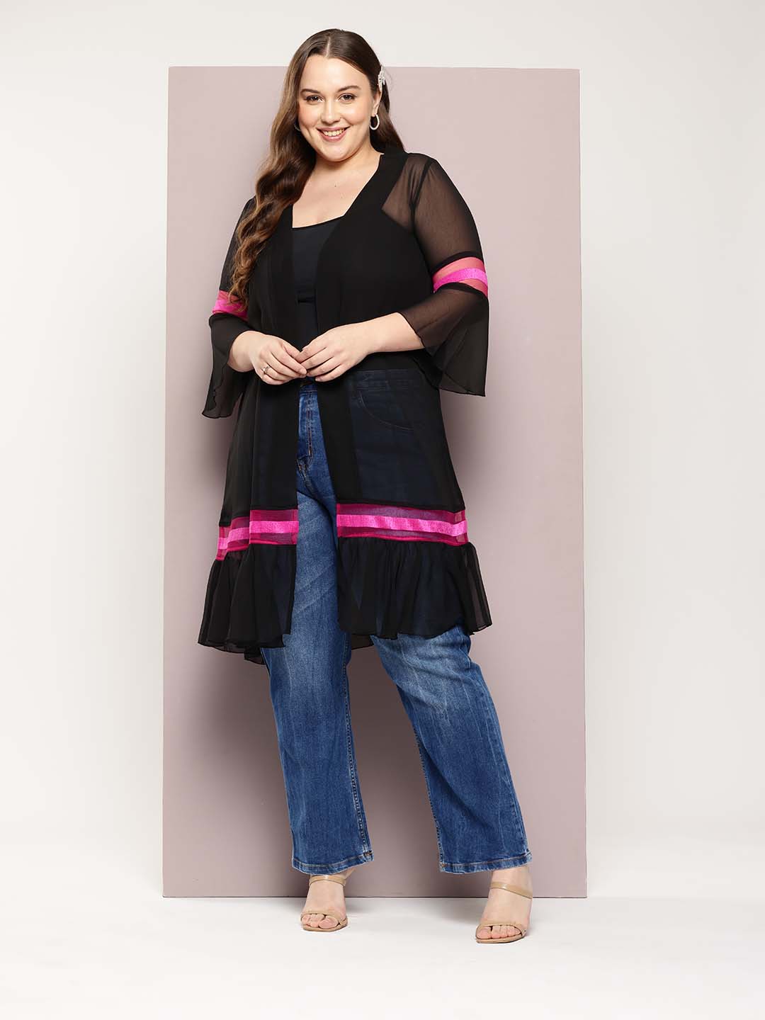 Qurvii Women Black & Pink Longline Shrug - Qurvii India