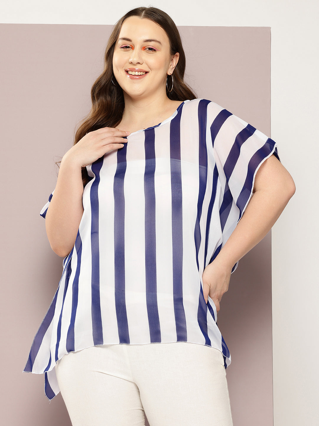 Qurvii Navy Blue & White Striped Extended Sleeves Kaftan To