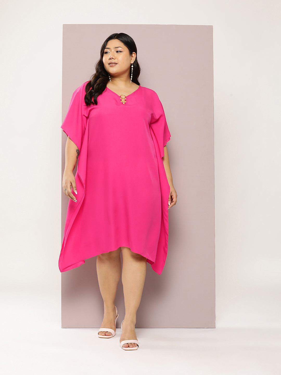 Solid Bright Magenta Loose Fit V Neck Elbow Length  Moss Crepe Kaftan