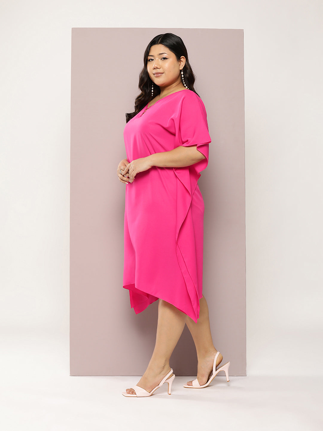 Solid Bright Magenta Loose Fit V Neck Elbow Length  Moss Crepe Kaftan