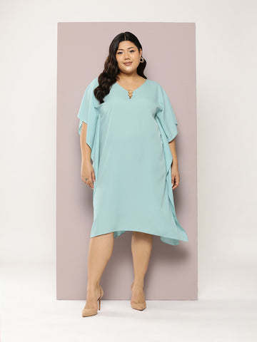 Solid Bright Turquoise Regular Fit V Neck Elbow Length  Moss Crepe Kaftan