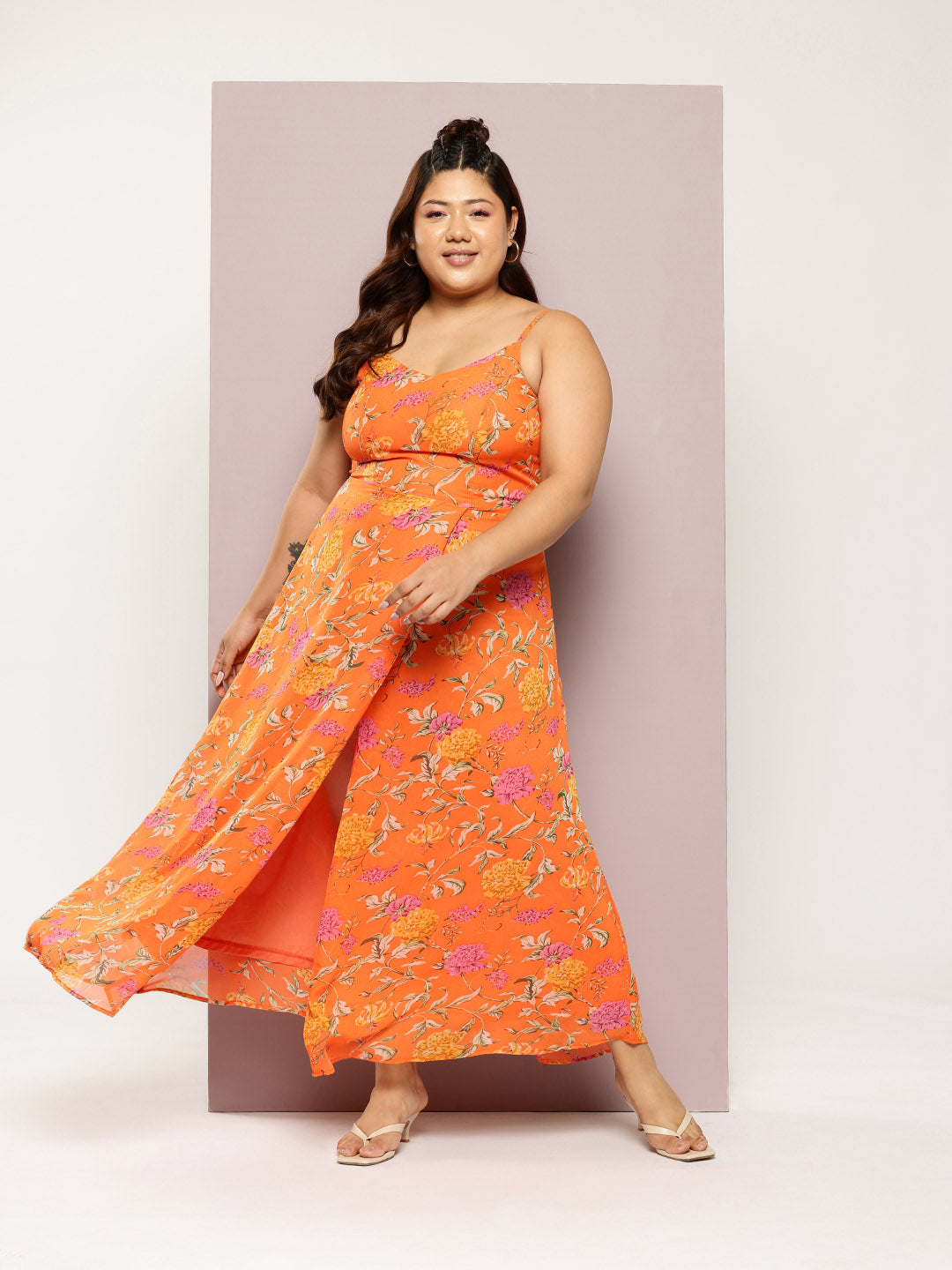 Qurvii Orange Floral Maxi Dress - Qurvii India