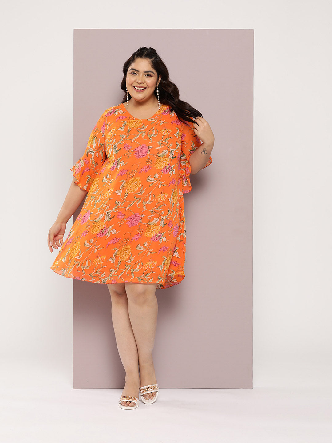 Qurvii Floral Orange A-line Dress - Qurvii India