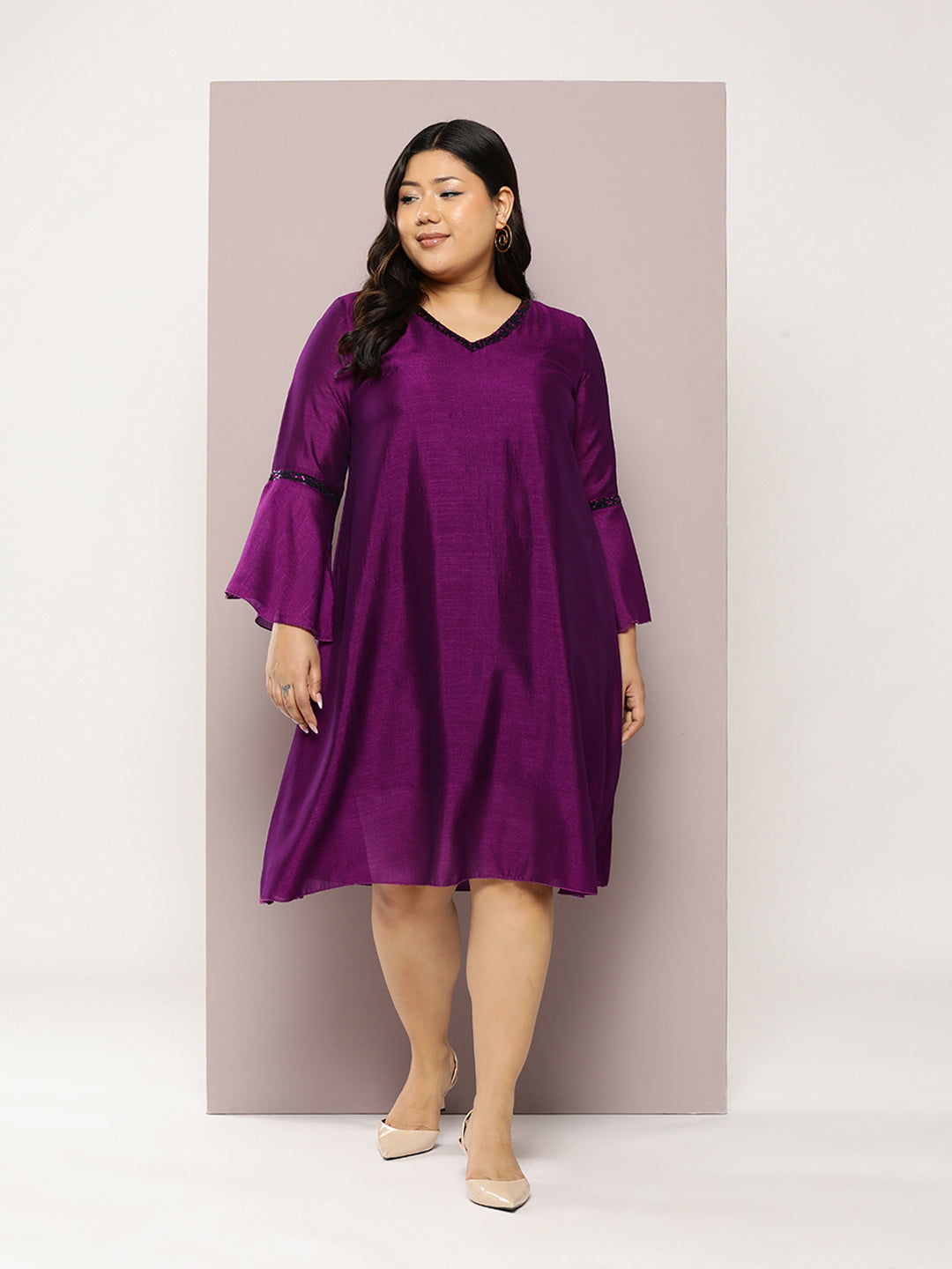 Qurvii Wine Georgette A-line Dress With Bell Sleeve - Qurvii India