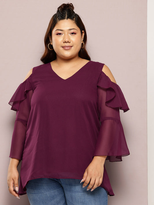 Purple georgette cold shoulder top