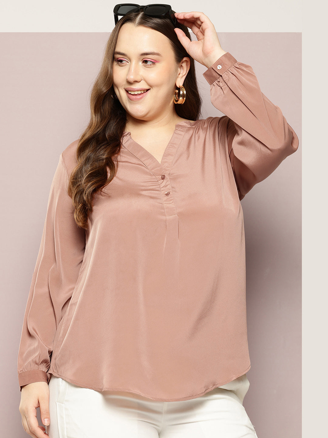 Caramel french crepe half placket shirt