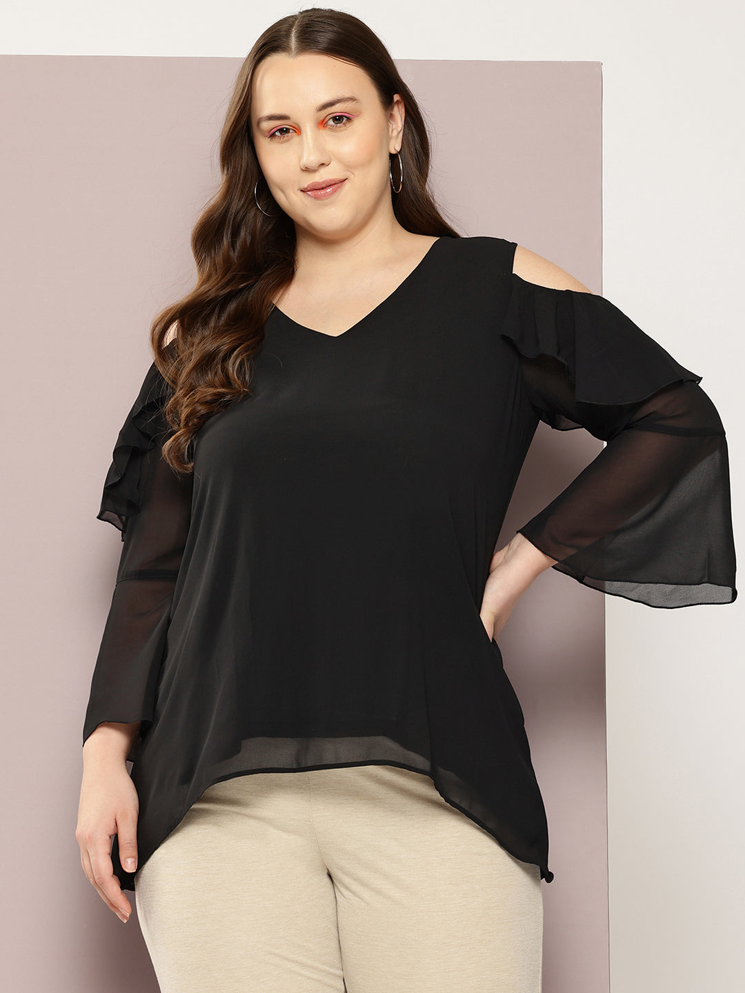 Black solid cold shoulder ruffle top with bell sleeves