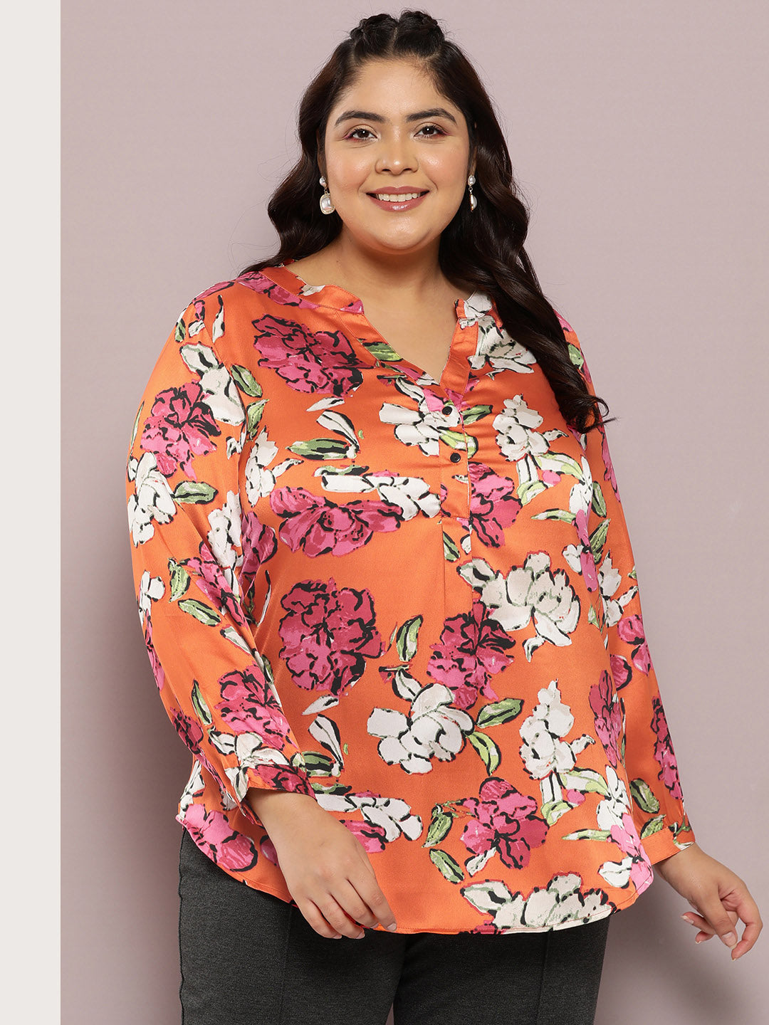 orange satin floral print mandrain collar shirt