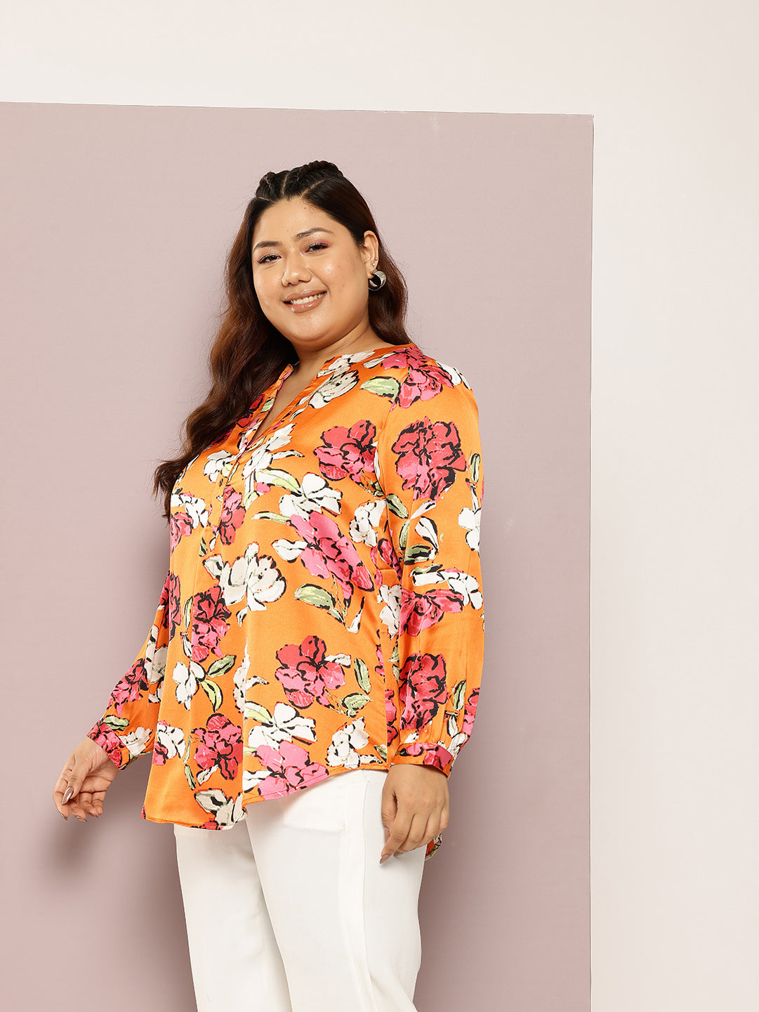 orange satin floral print mandrain collar shirt