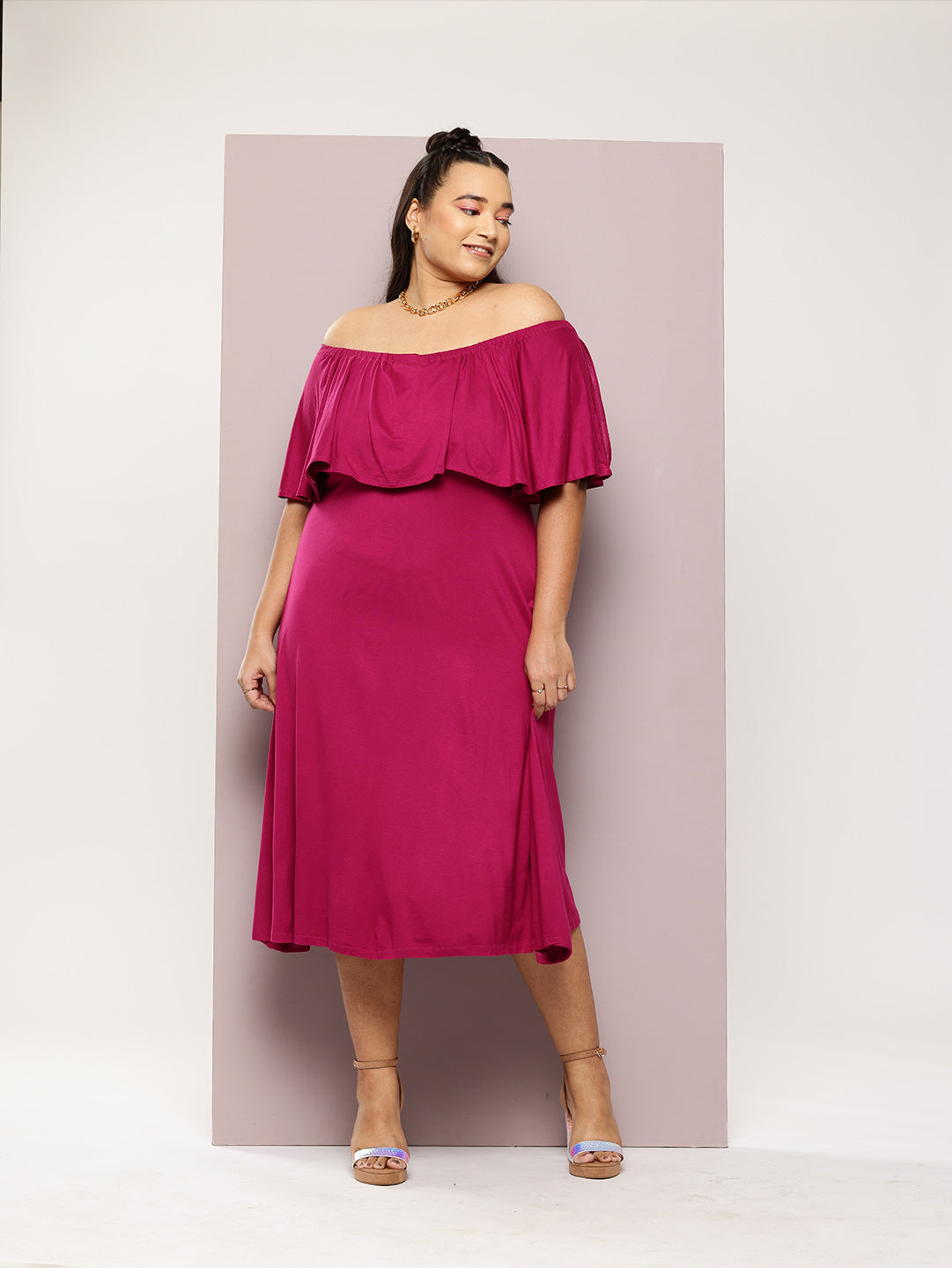 Magenta solid jersey off-shoulder calf-length dress